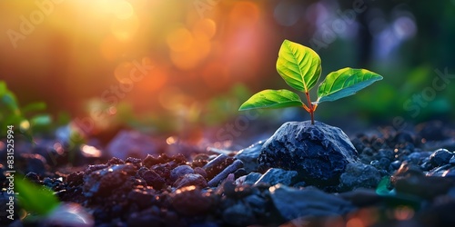 Thriving through adversity: The symbolism of a plant growing through stone. Concept resilience, growth, strength, perseverance, nature symbolism