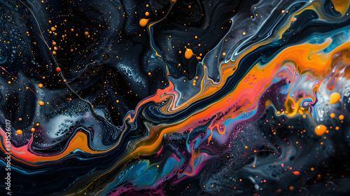 Abstract colorful art liquid floating colors splashes background illustration - Colorful acrylic paint splashing, color splash bold rainbow colors, isolated on black background texture