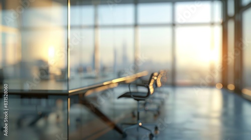 A sleek, modern conference room with glass walls and ergonomic chairs overlooks an urban skyline at sunrise, filling the room with a warm, natural glow.