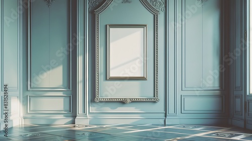The image shows the classic interior of a room with marble floor and pilasters on the walls in blue.
