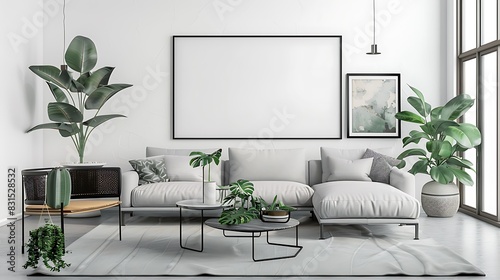 The living room is decorated in a modern style with a white sofa, coffee table, and plants