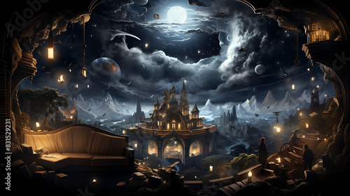 a fantasy castle in a cavern. The castle is lit by many lights and there are clouds and a moon in the background.