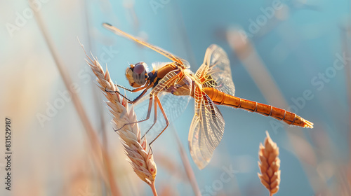 A dragonfly is perched on a stem of grass