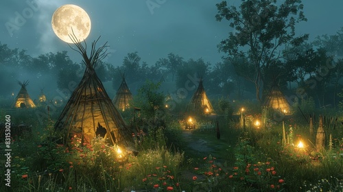 Native American village with traditional Native American teepees during a full moon night
