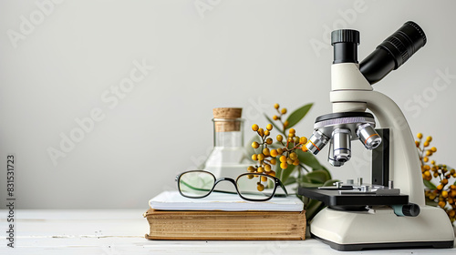 Science, microscope book glasses and innovation with white background for medical research or experiment. making medical testing and research, close-up, biological material, web banner