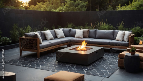 Stylish outdoor space, wood deck, rattan sectional, fire pit on slate tile.