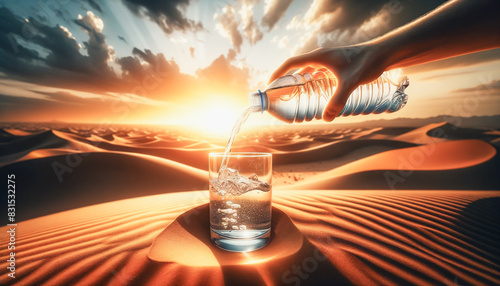 Hand pouring water from a bottle into a glass with a desert sunset in the background, illustrating the concept of refreshment in a harsh environment...