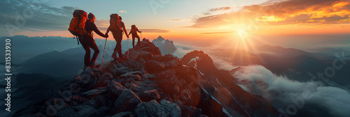 Panoramic view of team of people holding hands and helping each other reach the mountain top in spectacular mountain sunset landscape 