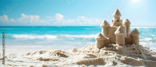 beautiful sand castle on the beach shore - summer vacation concept - copy space