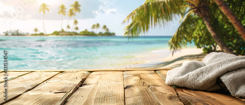 rustic wooden table with a towel on it, with a beautiful paradise beach in the background - summer vacation concept - copy space