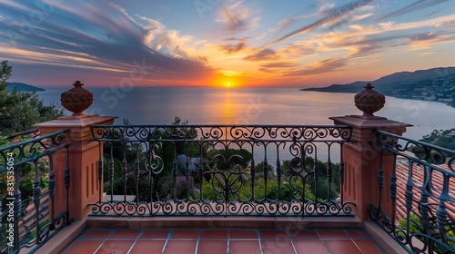 A Mediterranean balustrade with terracotta tiles and wrought iron faces a vibrant sunset over the sea.