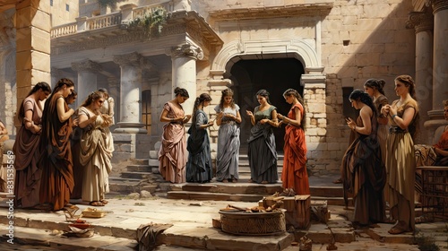 Ancient Greek women are depicted in vibrant attire performing a religious ceremony in a temple