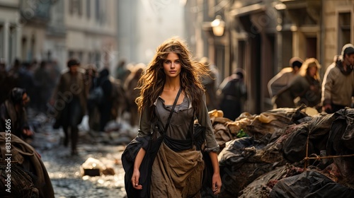 A stunning, fashionably-dressed woman walking confidently down a historic, littered street