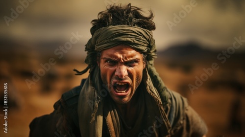 An intense portrait of a man yelling with a ferocious expression in the barren desert setting