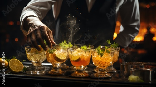 A bartender finalizes a row of fancy cocktails adding herbs, reflecting a vibrant nightlife and craft