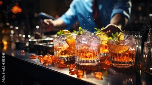 Refreshing drinks illuminated by warm light with bartender in background, emitting a radiant atmosphere
