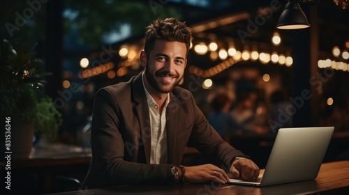 A well-dressed young man smiles while working on a laptop at a café, with a warm ambiance and nighttime setting
