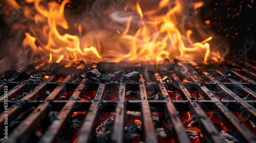 Close-up of vibrant flames leaping from hot coals on a grill, ideal for barbecue concepts