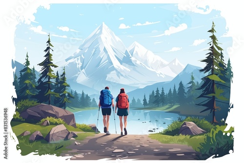 Two hikers with backpacks walking along a lakeside trail towards a snow-capped mountain