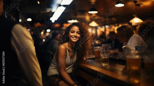 A radiant woman with curly hair enjoys a pint of beer in a bustling bar, her smile exuding warmth and sociability