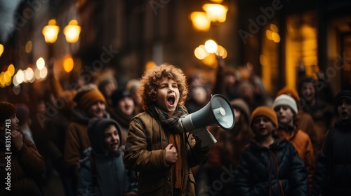 An impassioned child activist leads a protest, shouting passionately through a megaphone among a crowd of supporters