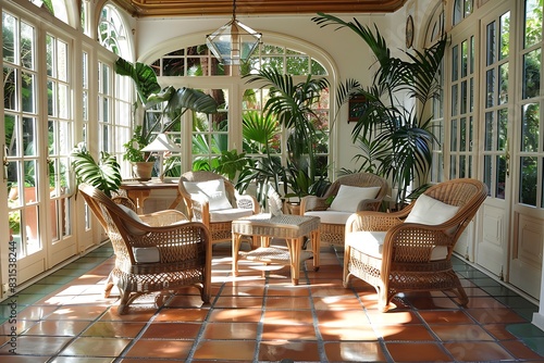A bright and airy conservatory with wicker furniture and tiled floors.