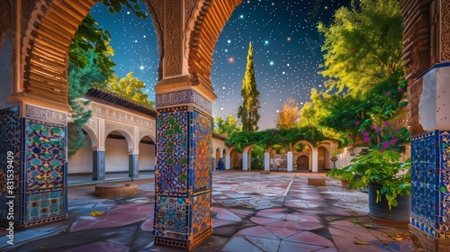 Moorish horseshoe arches and vibrant mosaics in a serene courtyard create breathtaking artistry.