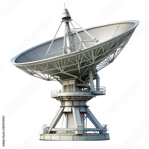 A large satellite dish antenna stands at a ground station, used for communication purposes