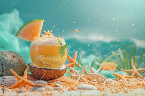 A coconut drink sits on the sandy beach under the sun