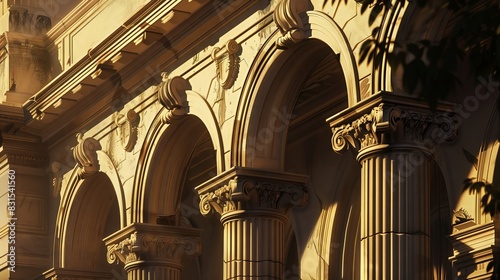 Renaissance archivolts, with pilasters and pediments, glow in warm, late afternoon light, revealing details.