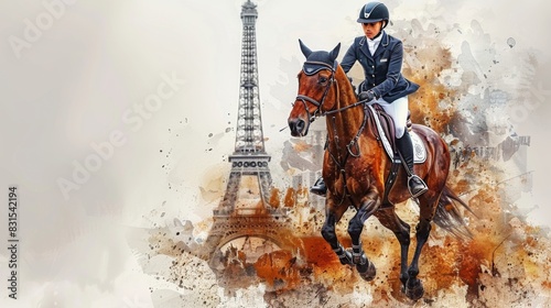 watercolor illustration, Summer Olympic Games, equestrian sport, a rider gallops on a horse against the background of the Eiffel Tower and city panorama, free space for text