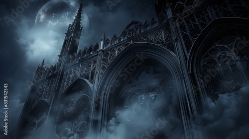 Gothic archivolts with pointed arches and intricate tracery, glowing in moonlight, evoke timeless grandeur.