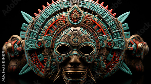 A 3D rendering of a Mayan mask. The mask has turquoise and red accents and depicts a skull with its mouth open.