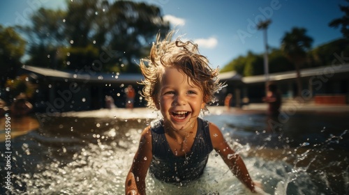 Exuberant child with wet hair laughs while playing in a sunny water fountain splash