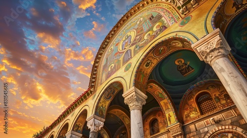 Byzantine archivolts, adorned with mosaics and gold, beneath a sunrise sky, create unparalleled beauty.