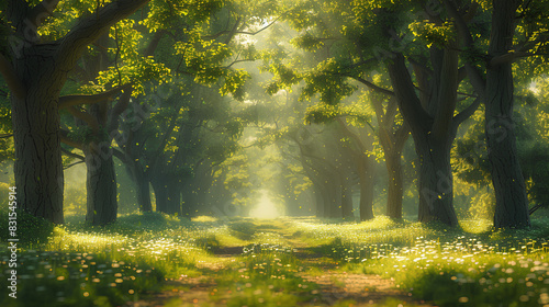 Tree-lined pathway with sunlight streaming in 