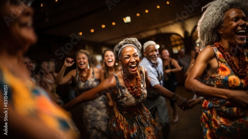 Euphoric women engage in a spirited dance, expressing joy and community in a cultural festival setting