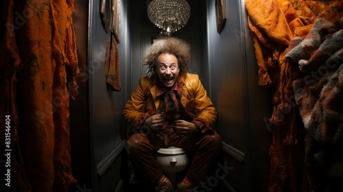 Eccentric individual on a toilet in a humorously decorated bathroom