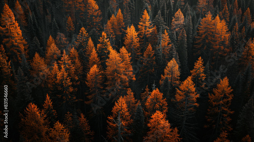 Beautiful autumn forest in the mountains, aerial view. Larch trees with orange and yellow leaves on dark background. Forest texture