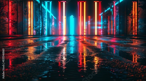 Dark night street, wet asphalt, neon reflection in the water.