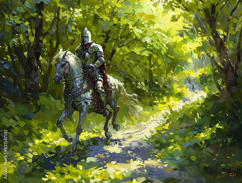  A detailed painting of a medieval knight riding a horse, the knight's armor gleaming under the bright midday sun
