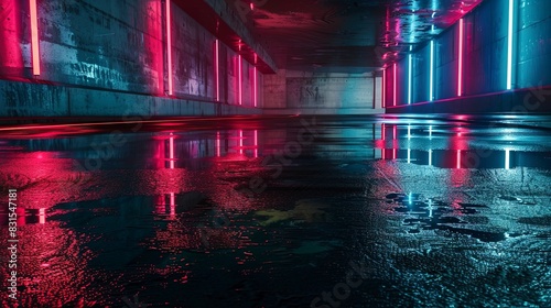 Dark night street, wet asphalt, neon reflection in the water.