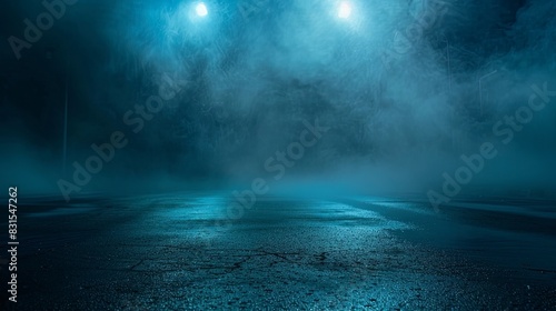 Dark night street, wet asphalt, neon reflection in water, smoke, smog.