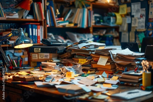 organizational chaos, a messy desk overflowing with scattered stationery and crumpled papers represents the consequences of disorganized time management