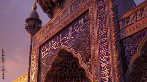 A beaded Islamic entablature with calligraphy and tassels glows at twilight, capturing timeless beauty.