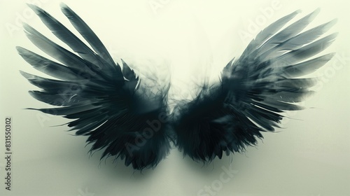 pair of black angel wings with feathers spread out against a light background.