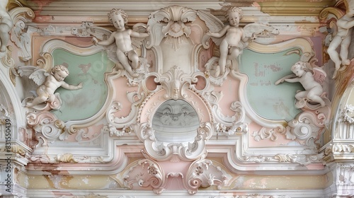A pastel Rococo entablature with cherubs reflects daylight, enhancing the opulent ambiance elegantly.