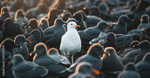 white bird between black and grey, standing out from the crowd, originality and uniqueness, one of a kind, different and extraordinary person concept