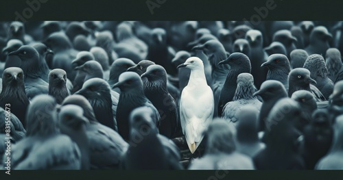 white bird between black and grey, standing out from the crowd, originality and uniqueness, one of a kind, different and extraordinary person concept