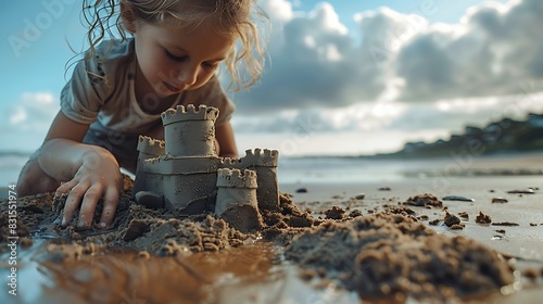 Child building a sandcastle at the beach, concept of play